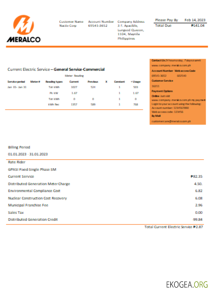 Facture commerciale du service public d'électricité de Manila Electric Company (Meralco) SCR
